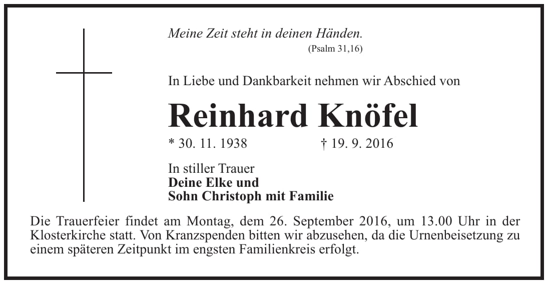 Traueranzeige Reinhard Knöfel