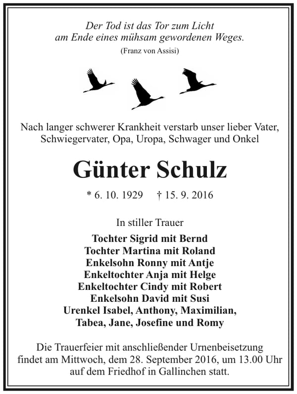 Traueranzeige Günter Schulz