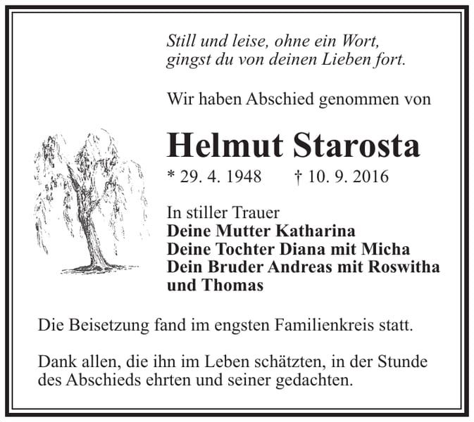 Danksagung Helmut Starosta