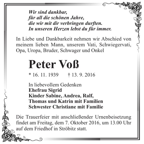 Traueranzeige Peter Voß