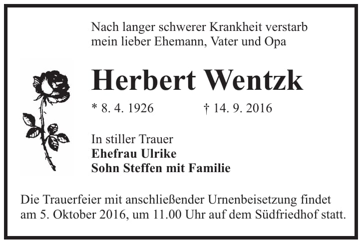 Traueranzeige Herbert Wentzk
