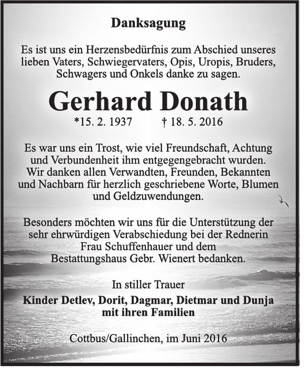 Danksagung Gerhard Donath