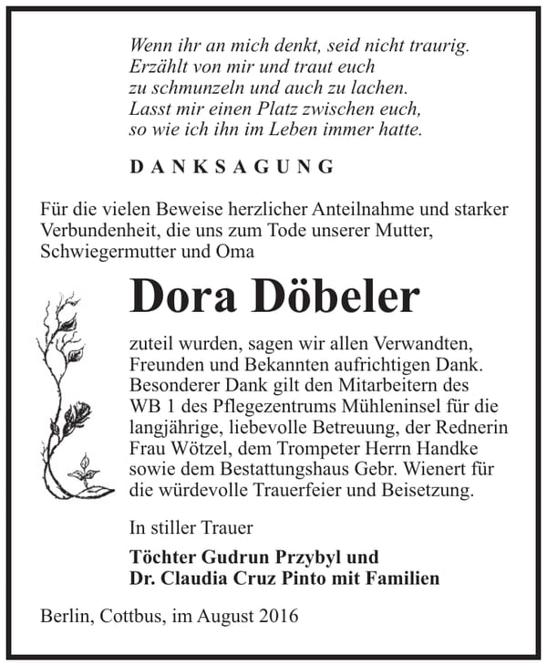 Danksagung Dora Döbeler