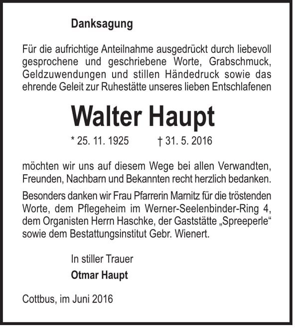 Danksagung Walter Haupt