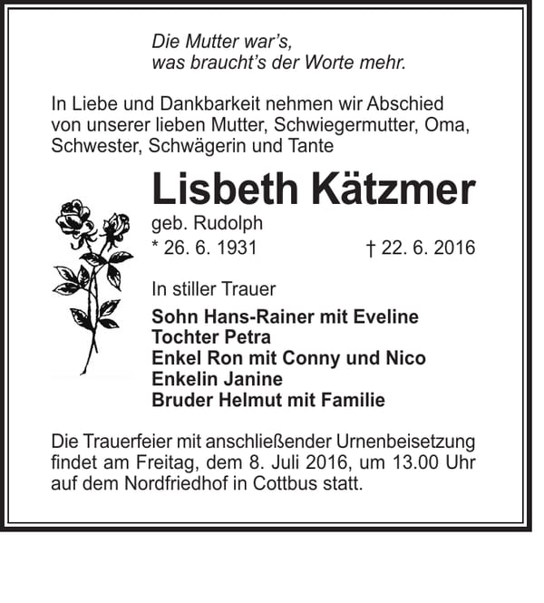 Traueranzeige Lisbeth Kätzmer, geb. Rudolph