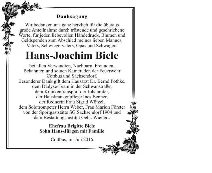 Danksagung Hans-Joachim Biele