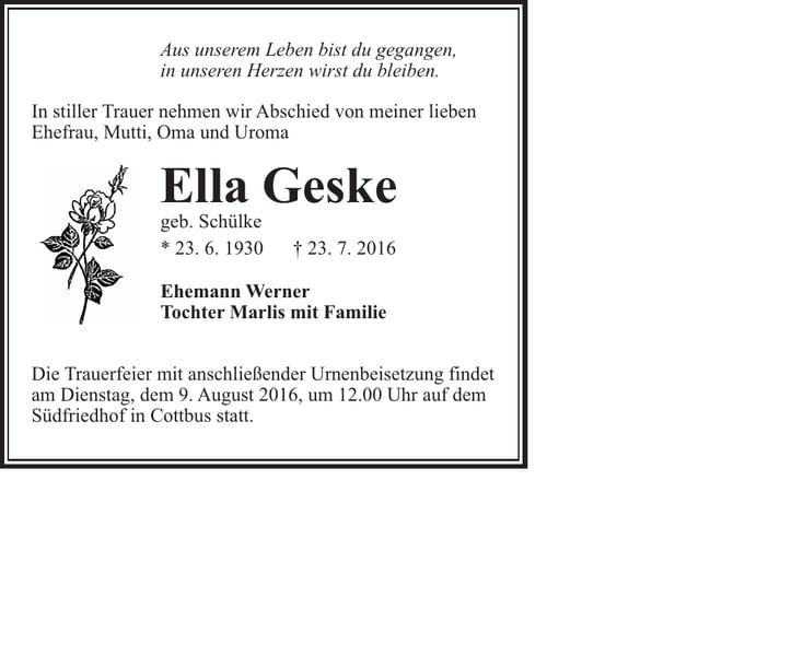 Traueranzeige Ella Geske, geb. Schülke
