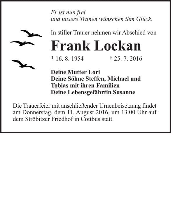 Traueranzeige Frank Lockan