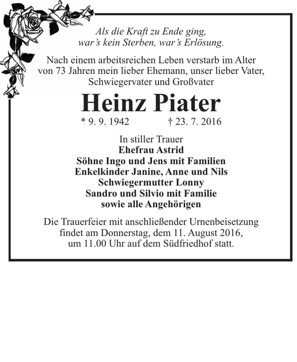 Traueranzeige Heinz Piater
