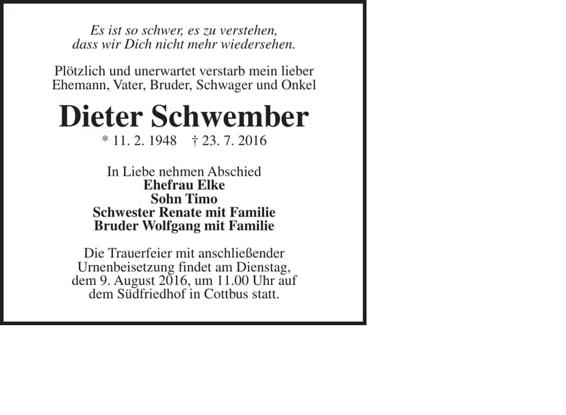 Traueranzeige Dieter Schwember