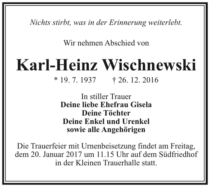 Traueranzeige Karl-Heinz Wischnewski