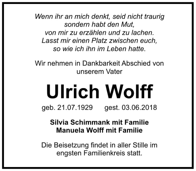 Traueranzeige Ulrich Wolff