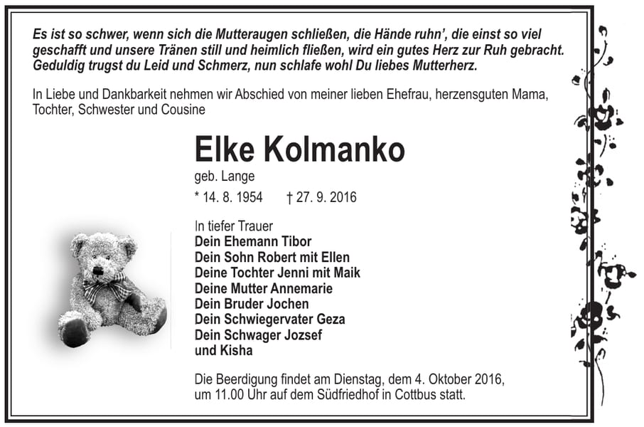 Traueranzeige Elke Kolmanko