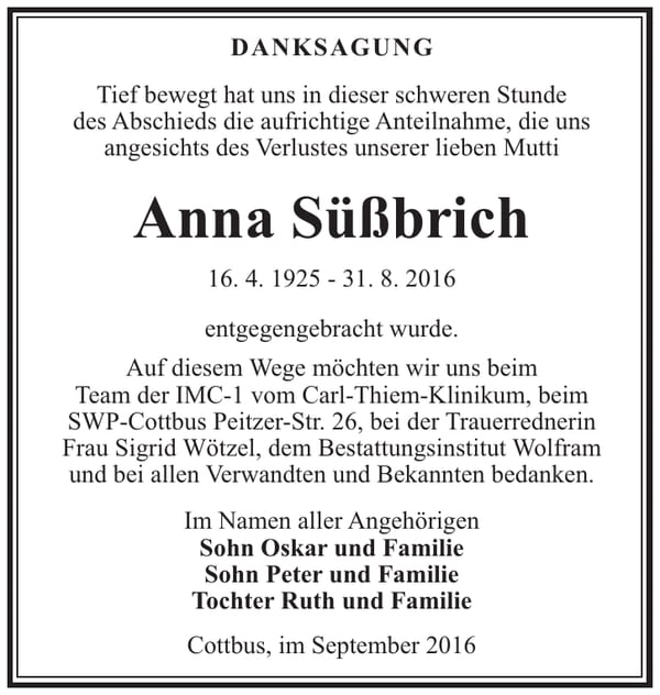 Danksagung Anna Süßbrich