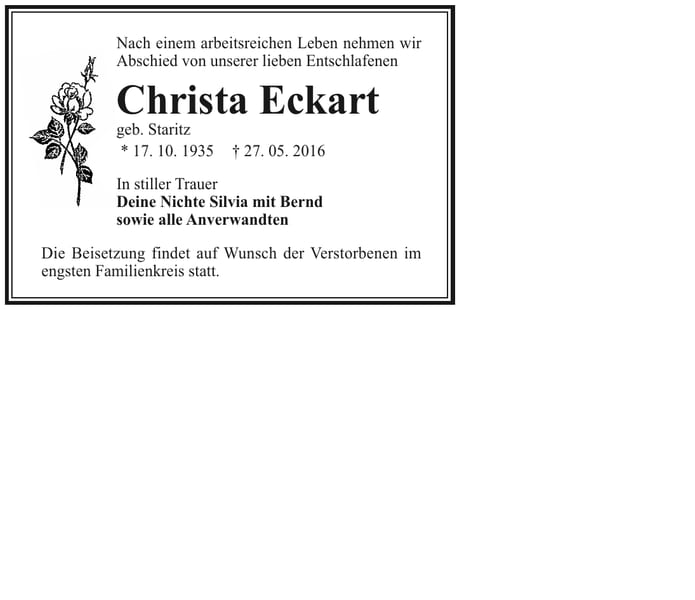 Traueranzeige Christa Eckart, geb. Staritz