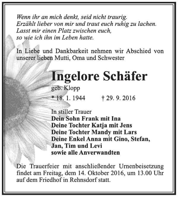 Traueranzeige Ingelore Schäfer, geb. Klopp