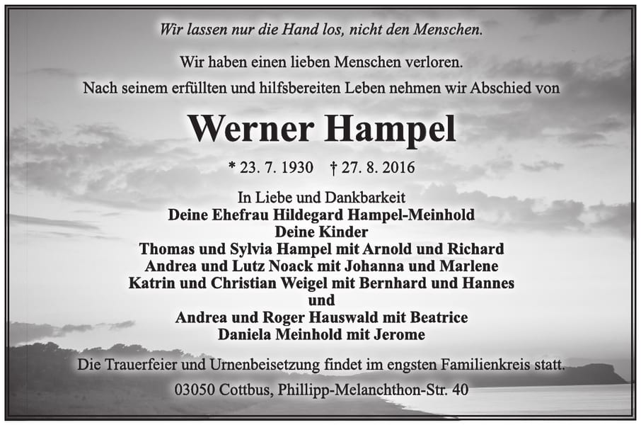 Traueranzeige Werner Hampel