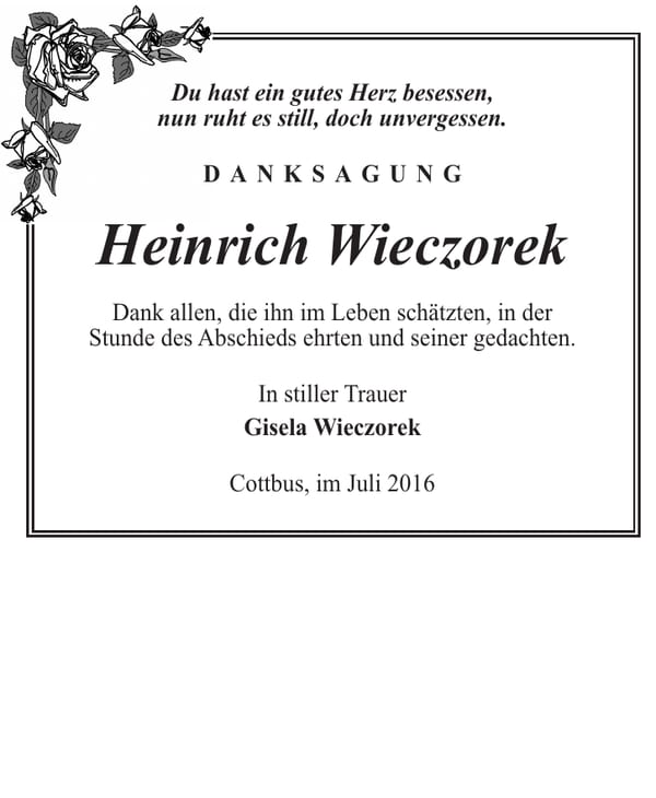 Danksagung Heinrich Wieczorek