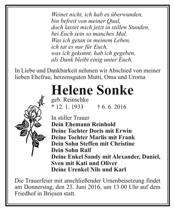 Traueranzeige Helene Sonke, geb. Reinschke