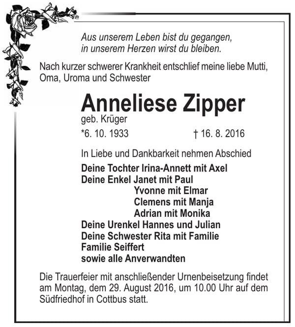 Traueranzeige Anneliese Zipper, geb. Krüger