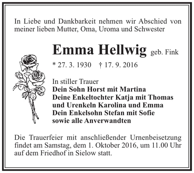 Traueranzeige Emma Hellwig, geb. Fink