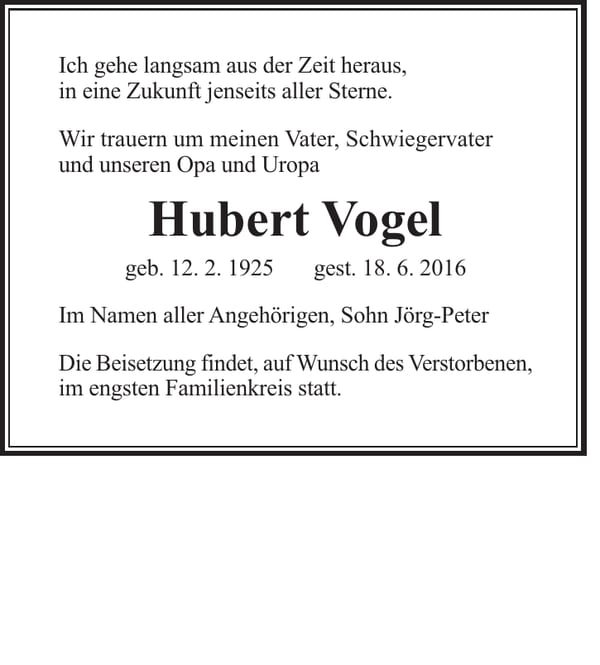 Traueranzeige Hubert Vogel
