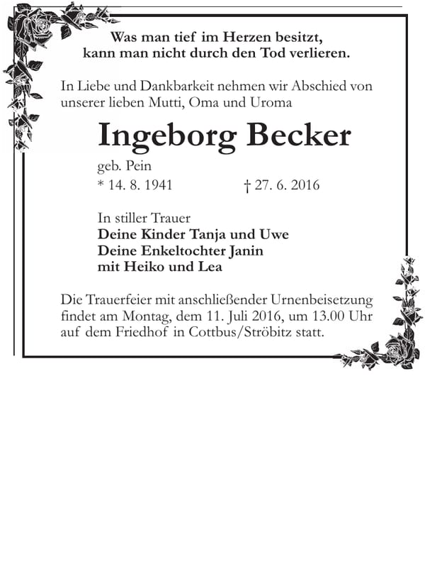 Traueranzeige Ingeborg Becker, geb. Pein