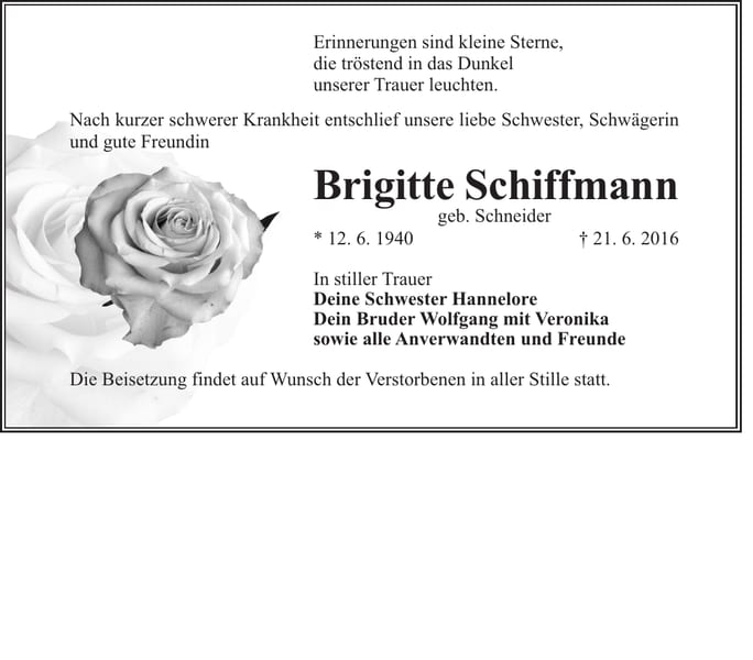 Traueranzeige Brigitte Schiffmann, geb. Schneider
