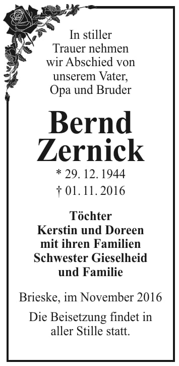 Traueranzeige Bernd Zernick
