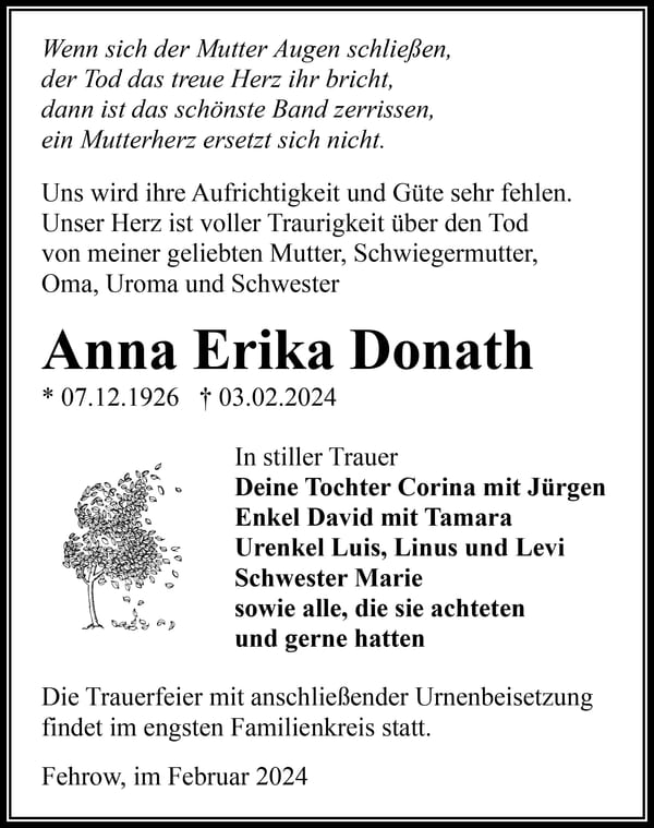 Traueranzeige Anna Erika Donath