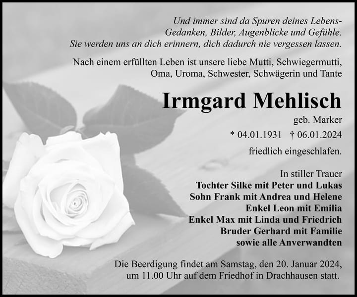 Traueranzeige Irmgard Mehlisch, geb. Marker