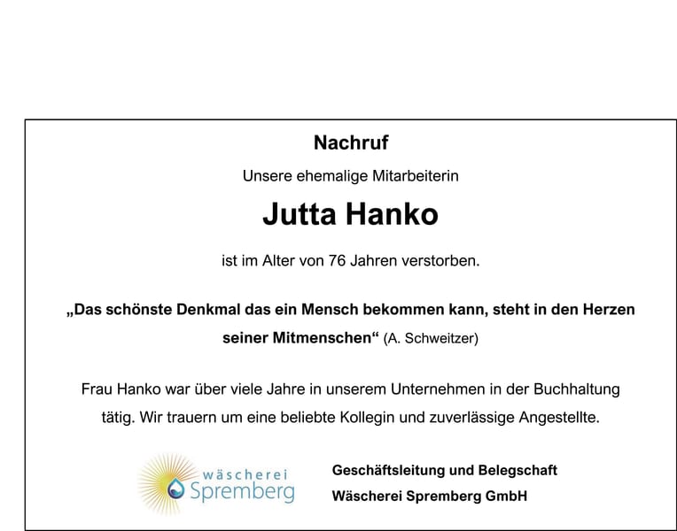 Traueranzeige Jutta Hanko