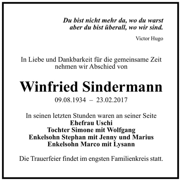 Traueranzeige Winfried Sindermann