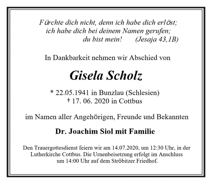 Traueranzeige Gisela Scholz