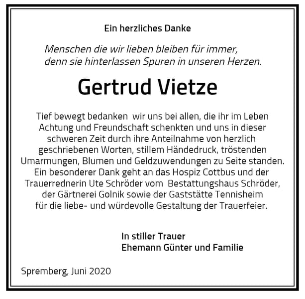 Traueranzeige Gertrud Vietze
