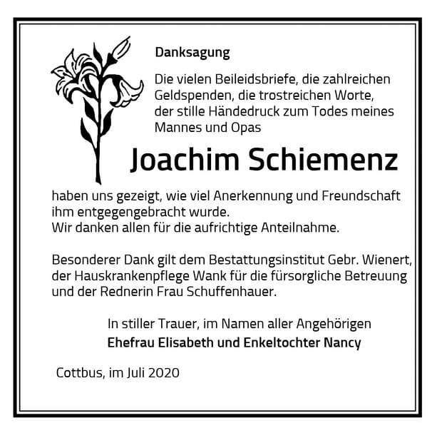 Traueranzeige Joachim Schiemenz