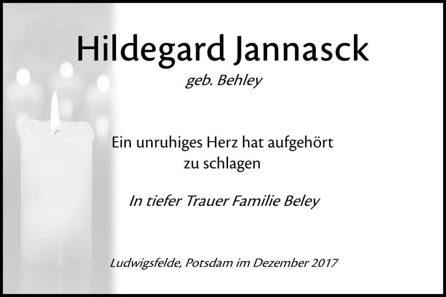 Traueranzeige Hildegard Jannasck, geb. Behley