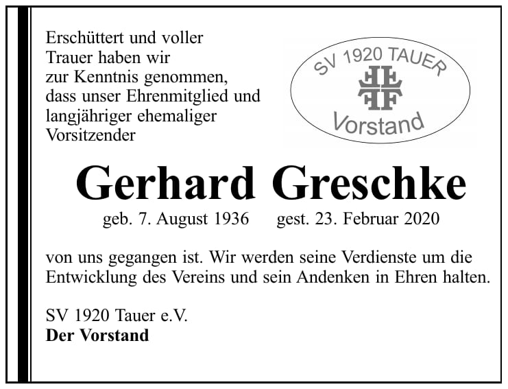 Traueranzeige Gerhard Greschke
