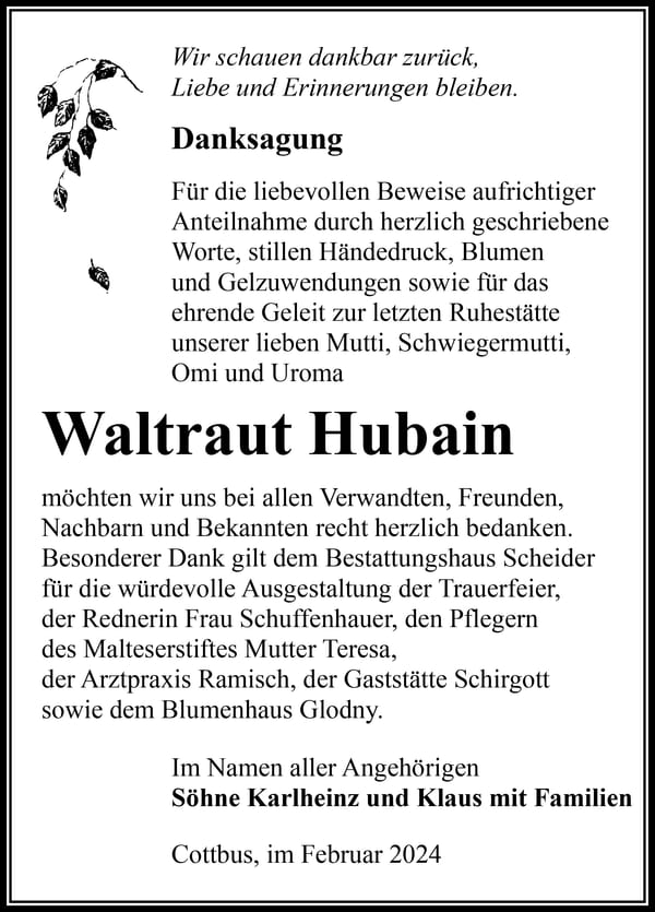Traueranzeige Waltraut Hubain