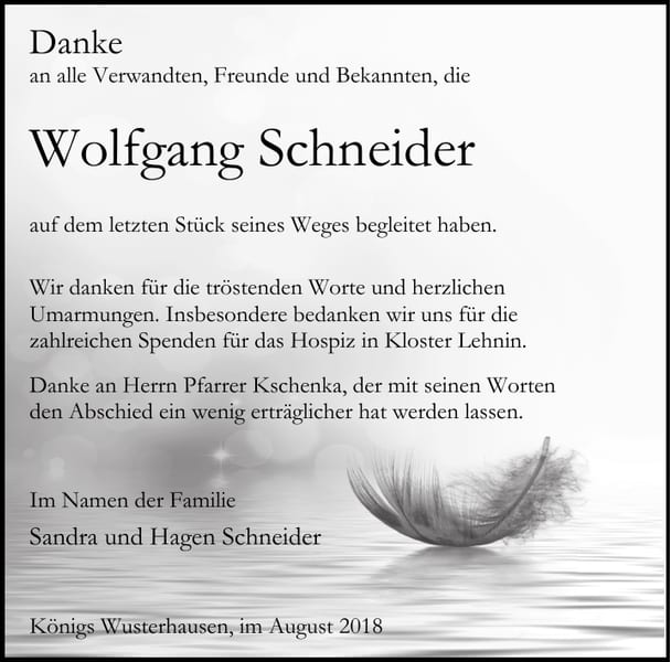 Danksagung Wolfgang Schneider